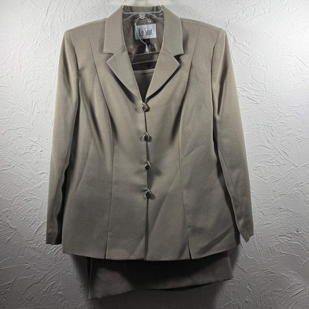 Le Suit Womens Taupe Tan 2 Piece Skirt Suit Set Blazer Pencil Skirt Size 14